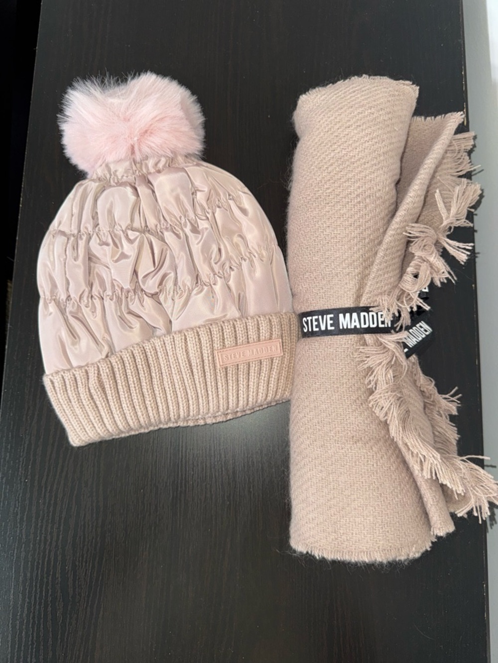 Steve Madden Women’s Pink Pom Beanie and Scarf Set